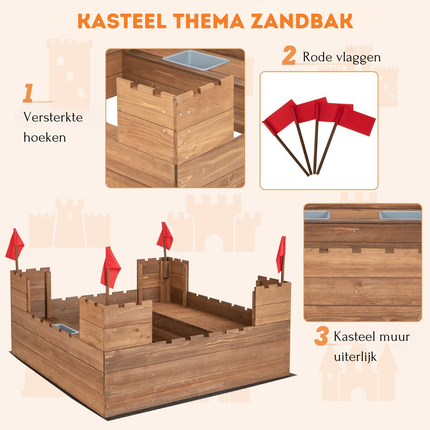 Trendmix Dennenhouten Kasteel Zandbak met Opbergvakken en Vlaggen 113 x 116 cm - Zandbak met Zitbank voor 1-2 Kinderen - Incl. Bodemafdekking - Vanaf 3 Jaar - Bruin