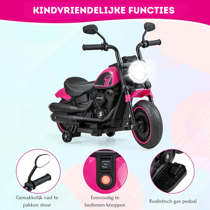 Trendmix Elektrische Motorfiets Chopper voor Kinderen 6V 1,5-2,5 km/u Roze - Zijwieltjes - LED Koplampen - Banden met Schroefdraad - Accuvoertuig