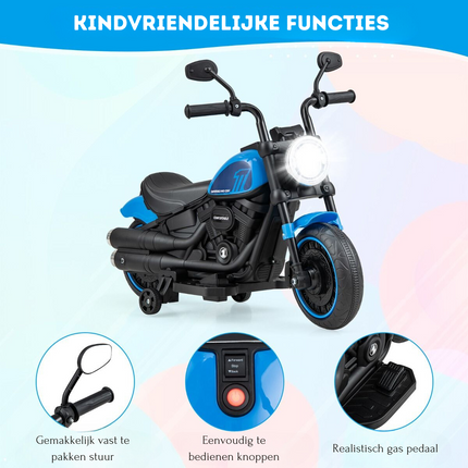 Trendmix Elektrische Motorfiets Chopper voor Kinderen 6V 1,5-2,5 km/u Blauw - Zijwieltjes - LED Koplampen - Banden met Schroefdraad - Accuvoertuig