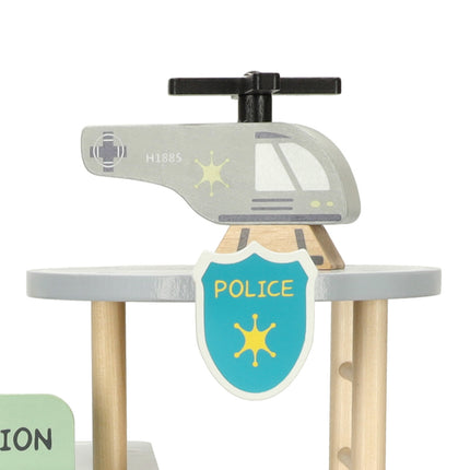 Houten Politiebureau met Auto en Helikopter – Educatief Montessori Speelgoed – Duurzame Speelset met 3 Verdiepingen