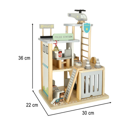 Houten Politiebureau met Auto en Helikopter – Educatief Montessori Speelgoed – Duurzame Speelset met 3 Verdiepingen