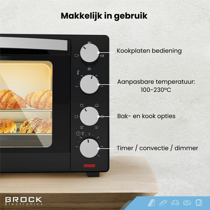 Brock Electronics Elektrische Mini Oven 30L met 2 Kookplaten – Vrijstaande Convectie Oven met Grill en Kookplaten – 1600W - Zwart