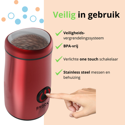 Brock Elektrische Koffiemolen Rood - Koffiebonen Maler - Voor Kruiden, Noten & Specerijen - Snel & Stil - BPA-vrij - RVS Mes