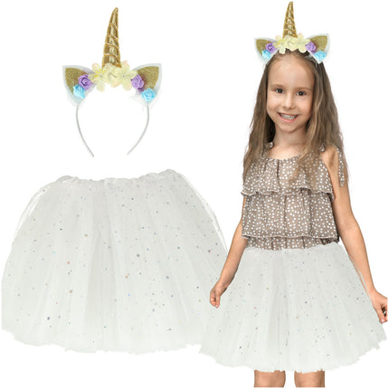 Unicorn Verkleedset Kind – Carnaval Outfit met Glitters & Tutu Rok – Wit – Unicorn Kostuum voor Meisjes