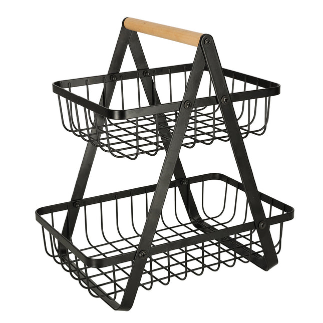 Trendmix Fruitschaal Etagère met 2 lagen voor in de Keuken - 27 x 17 x 30cm - Keuken Organizers - Groente en Fruit Mand - Industrieel Zwart Metaal met Houten Handvat