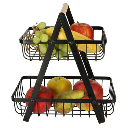 Trendmix Fruitschaal Etagère met 2 lagen voor in de Keuken - 27 x 17 x 30cm - Keuken Organizers - Groente en Fruit Mand - Industrieel Zwart Metaal met Houten Handvat