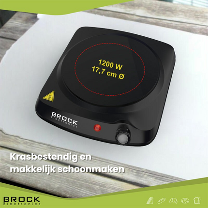 Brock Electronics Elektrische Kookplaat - Infrarood Kookplaat - Compacte 1 Pits - 1200W - Zwart