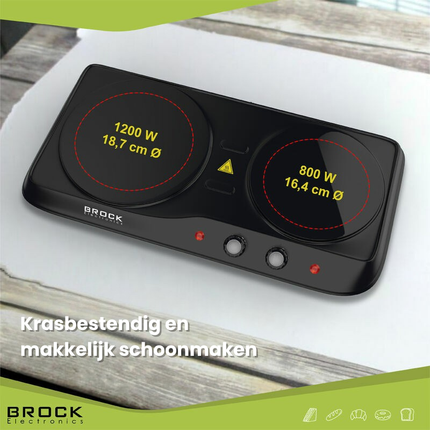 Brock Electronics Compacte Elektrische Kookplaat - Infrarood Kookplaat - 2 Pits - 1200 + 800W - Zwart