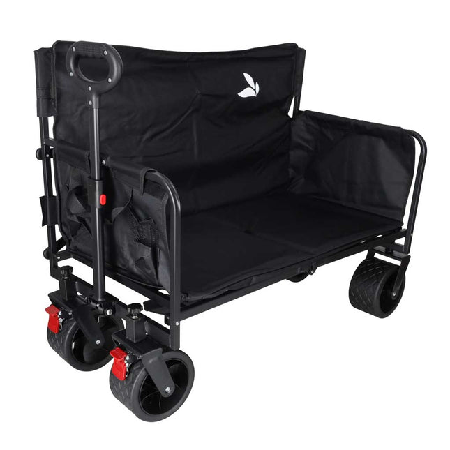 Opvouwbare Bolderkar met Zitje en Rugleuning – Transportwagen – Bolderwagen voor Strand, Camping, Festival, Pretpark en Boodschappen – 150 kg – Zwart