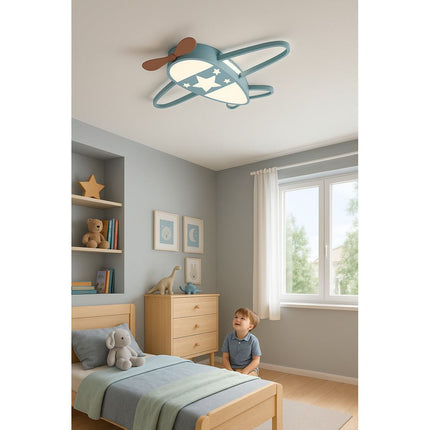 Lumela Vliegtuig Kinderlamp – Dimbare LED Plafondlamp met Afstandsbediening – Kinderkamer Plafondverlichting Jongens – 50x60 cm – Blauw – Originele Vliegtuiglamp voor Kinderen
