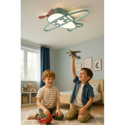 Lumela Vliegtuig Kinderlamp – Dimbare LED Plafondlamp met Afstandsbediening – Kinderkamer Plafondverlichting Jongens – 50x60 cm – Blauw – Originele Vliegtuiglamp voor Kinderen