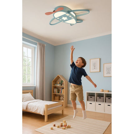 Lumela Vliegtuig Kinderlamp – Dimbare LED Plafondlamp met Afstandsbediening – Kinderkamer Plafondverlichting Jongens – 50x60 cm – Blauw – Originele Vliegtuiglamp voor Kinderen