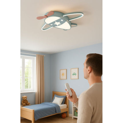 Lumela Vliegtuig Kinderlamp – Dimbare LED Plafondlamp met Afstandsbediening – Kinderkamer Plafondverlichting Jongens – 50x60 cm – Blauw – Originele Vliegtuiglamp voor Kinderen