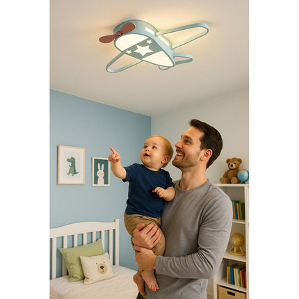 Lumela Vliegtuig Kinderlamp – Dimbare LED Plafondlamp met Afstandsbediening – Kinderkamer Plafondverlichting Jongens – 50x60 cm – Blauw – Originele Vliegtuiglamp voor Kinderen