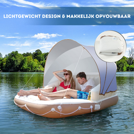 Costway Canopy Island Opblaasbaar Zwembad Eiland - Afneembaar Afdak - 2 Bekerhouders - Geschikt Voor 2 Volwassenen tot Max 200 kg - 180 cm x 160 cm beige