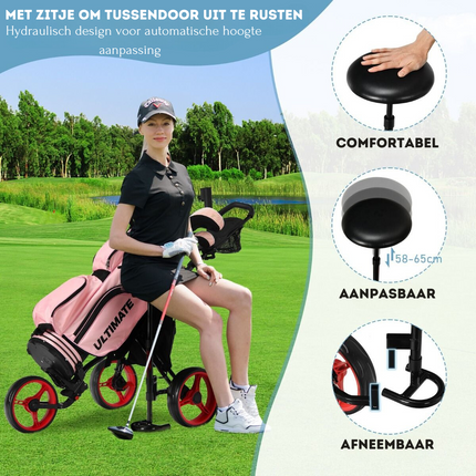 Trendmix Golf trolley Met 3 Wielen Verstelbaar Lichtgewicht - Golfwagen Met Parapluhouder, Zitje En Opbergtas Rood/Zwart 130 x 75 x 98,5-115,5 cm