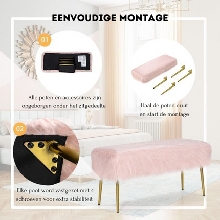 Trendmix Roze Make-Up Kruk Met Gouden Poten 91 x 35,5 cm - Poef Met imitatiebont - Zitbankje voor Entree en Slaapkamer
