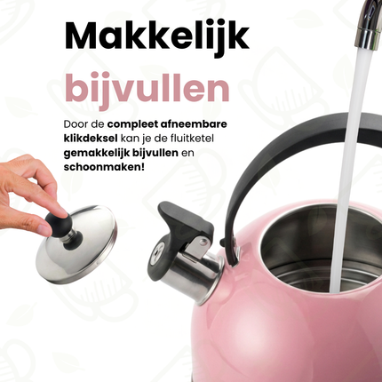 Trendmix Fluitketel Roze 2,5 Liter – Lichtgewicht RVS – Cool-Touch Handvat – Geschikt Voor Inductie, Gas En Alle Warmtebronnen