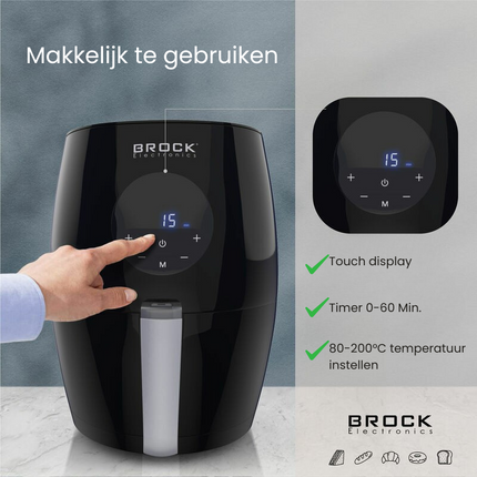Brock Electronics Digitale Airfryer 3.5 Liter 1200W PFAS Vrij - Heteluchtfriteuse - Zwart - 6 Automatische Programma's