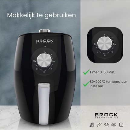 Brock Electronics Airfryer 3.5 Liter 1300-1500W PFAS Vrij - Heteluchtfriteuse - Zwart - 6 Automatische Programma's