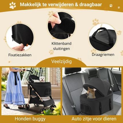 Trendmix Hondenbuggy 3-in-1 Zwart – Opvouwbare Hondenwagen – Verwijderbare Draagbox & Autostoel – Tot 15 kg – Met Vering & Opbergruimte