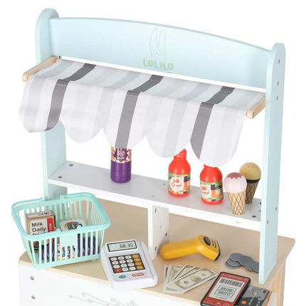 LULILO Melo Houten Marktkraam met Kassa – Speelgoedwinkel met Scanner, Geld & Producten – Educatief Rollenspel – 3+ Jaar