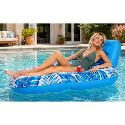 Opblaasbaar Luchtbed Waterstoel 2-in-1 met Rugleuning en Bekerhouder – Waterhangmat – Blauw/Wit – Tot 90 kg