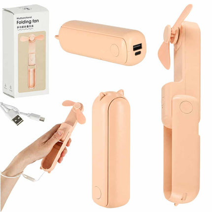 Mini USB Ventilator Opvouwbaar Zalmroze – Draagbare Handventilator – Oplaadbaar via USB-C – Bureauventilator – Powerbankfunctie