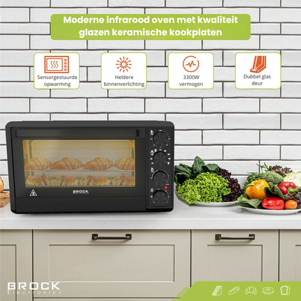 Brock Electronics Elektrische Mini Oven 50L Met 2 Keramische Kookplaten - Vrijstaande Convectie Oven Met Grill En 2 Kookplaten – 1800W - Zwart