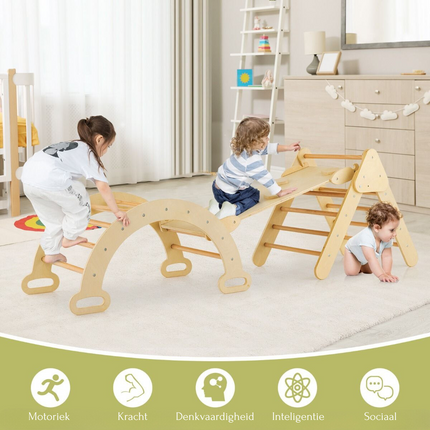 Trendmix 3 in 1 Houten Klimset voor Kinderen - Klimrek met Glijbaan - Klimdriehoek en Klimboog - Natuurlijk Hout