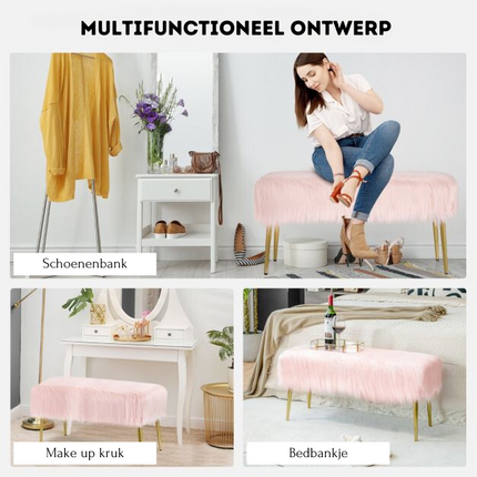 Trendmix Roze Make-Up Kruk Met Gouden Poten 91 x 35,5 cm - Poef Met imitatiebont - Zitbankje voor Entree en Slaapkamer