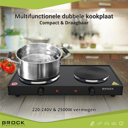Brock Elektrische Kookplaat 2 Pits – 2500W – Compact Vrijstaand Fornuis Voor Thuis, Studio & Vakantie – Zwart