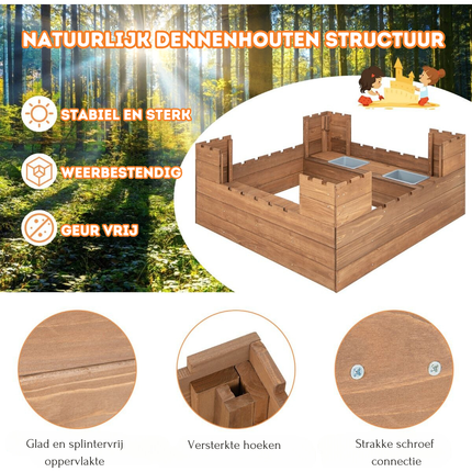 Trendmix Dennenhouten Kasteel Zandbak met Opbergvakken en Vlaggen 113 x 116 cm - Zandbak met Zitbank voor 1-2 Kinderen - Incl. Bodemafdekking - Vanaf 3 Jaar - Bruin