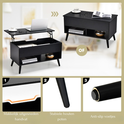 Trendmix Multifunctionele Salontafel Uitklapbaar Zwart - Lift-Top Koffietafel - Verstelbare Woonkamer Tafel 80 x 40 x 44,5 cm