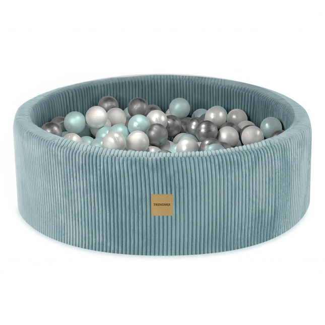 Trendmix Luxe Ronde Ballenbak voor Kinderen en Baby's - Ballenbad 90x30cm Blauw Corduroy - 200 Kleurrijke Ballen 6cm Parelmoer, Mint, Goud