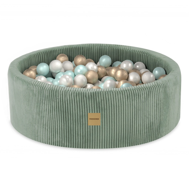 Trendmix Luxe Ronde Ballenbak – 90x30 cm – Groen Corduroy – Inclusief 200 Ballen (Parelmoer, Mint & Goud)