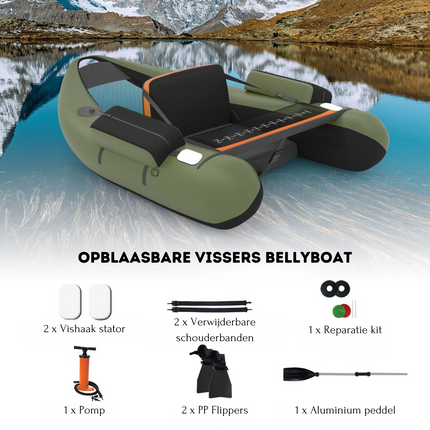 Trendmix Opblaasbare Lichtgewicht Belly Boat Groen 136 x 105 x 53 cm - Bellyboat 160 kg Draagvermogen - Inclusief Peddel en Flippers