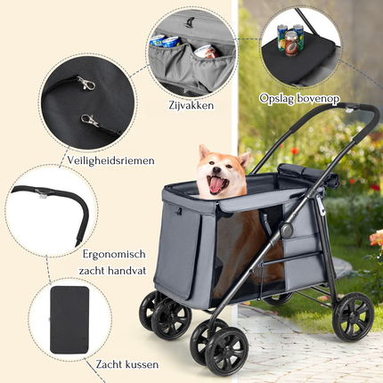 Trendmix Opvouwbare XL Hondenbuggy Met Ademend Gaas En Opbergvakken - Voor Honden En Katten Tot 40 kg - 106 x 63 x 103 cm Grijs