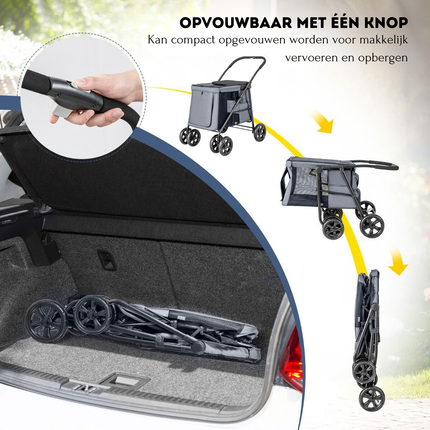 Trendmix Opvouwbare XL Hondenbuggy Met Ademend Gaas En Opbergvakken - Voor Honden En Katten Tot 40 kg - 106 x 63 x 103 cm Grijs