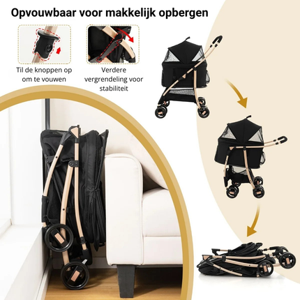 Trendmix Hondenbuggy 3-in-1 Zwart – Opvouwbare Hondenwagen – Verwijderbare Draagbox & Autostoel – Tot 15 kg – Met Vering & Opbergruimte