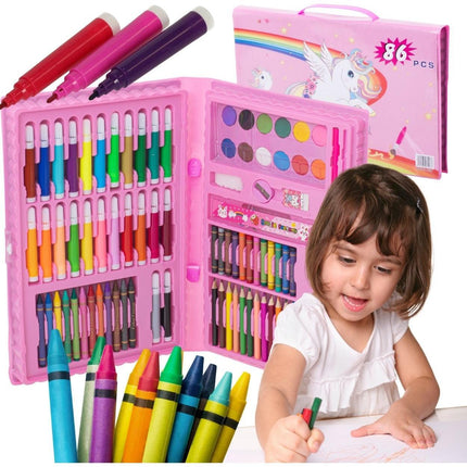 86-delige roze tekenset voor kinderen inclusief verf, krijtjes en markers