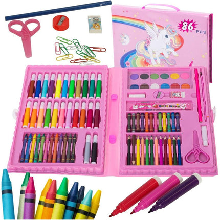 86-delige roze tekenset voor kinderen inclusief verf, krijtjes en markers
