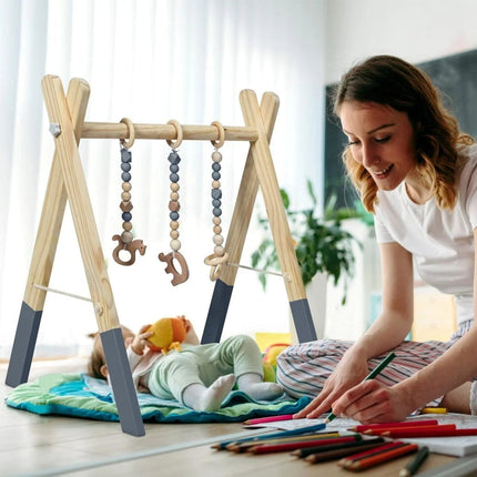 2de kansje Trendmix Houten Babygym met 3 hangers - Babyspeeltoestel 60 x 44 x 60 cm - Activiteitencentrum vanaf 3 maanden - Naturel Hout Grijs