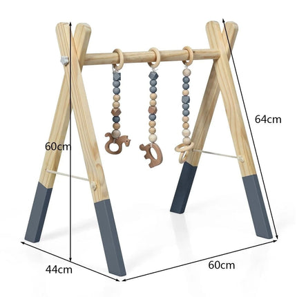 2de kansje Trendmix Houten Babygym met 3 hangers - Babyspeeltoestel 60 x 44 x 60 cm - Activiteitencentrum vanaf 3 maanden - Naturel Hout Grijs