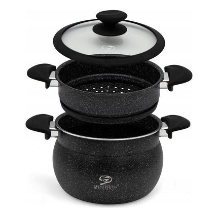 Meyerhoff Professionele 3-delige Stoompan Steamer 9L Marmer - Geschikt Voor Alle Warmtebronnen - ∅ 24 cm - Stoomkookpan