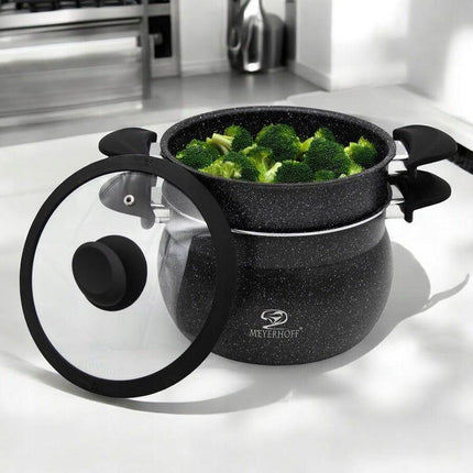 Meyerhoff Professionele 3-delige Stoompan Steamer 9L Marmer - Geschikt Voor Alle Warmtebronnen - ∅ 24 cm - Stoomkookpan