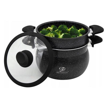 Meyerhoff Professionele 3-delige Stoompan Steamer 9L Marmer - Geschikt Voor Alle Warmtebronnen - ∅ 24 cm - Stoomkookpan