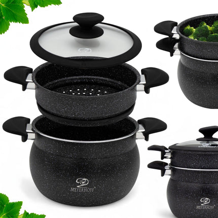 Meyerhoff Professionele 3-delige Stoompan Steamer 9L Marmer - Geschikt Voor Alle Warmtebronnen - ∅ 24 cm - Stoomkookpan
