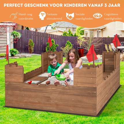 Trendmix Dennenhouten Kasteel Zandbak met Opbergvakken en Vlaggen 113 x 116 cm - Zandbak met Zitbank voor 1-2 Kinderen - Incl. Bodemafdekking - Vanaf 3 Jaar - Bruin
