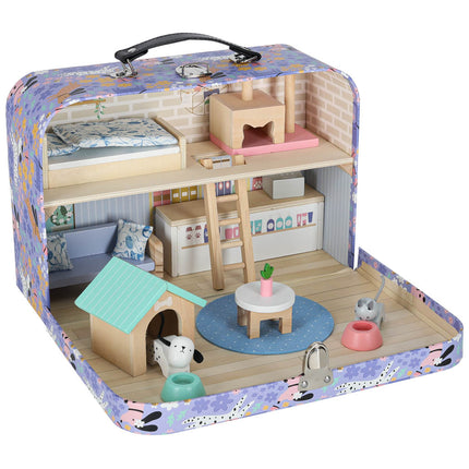 Speelhuis in Koffer met Meubels – Poppenhuis & Dierenhotel – 18-delige Houten Speelset – Vanaf 3 Jaar